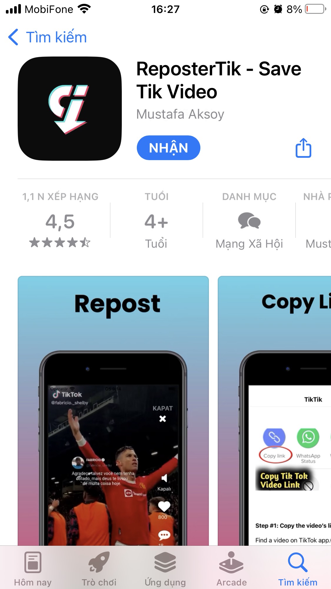 Tải video không dính logo bằng ReposterTik