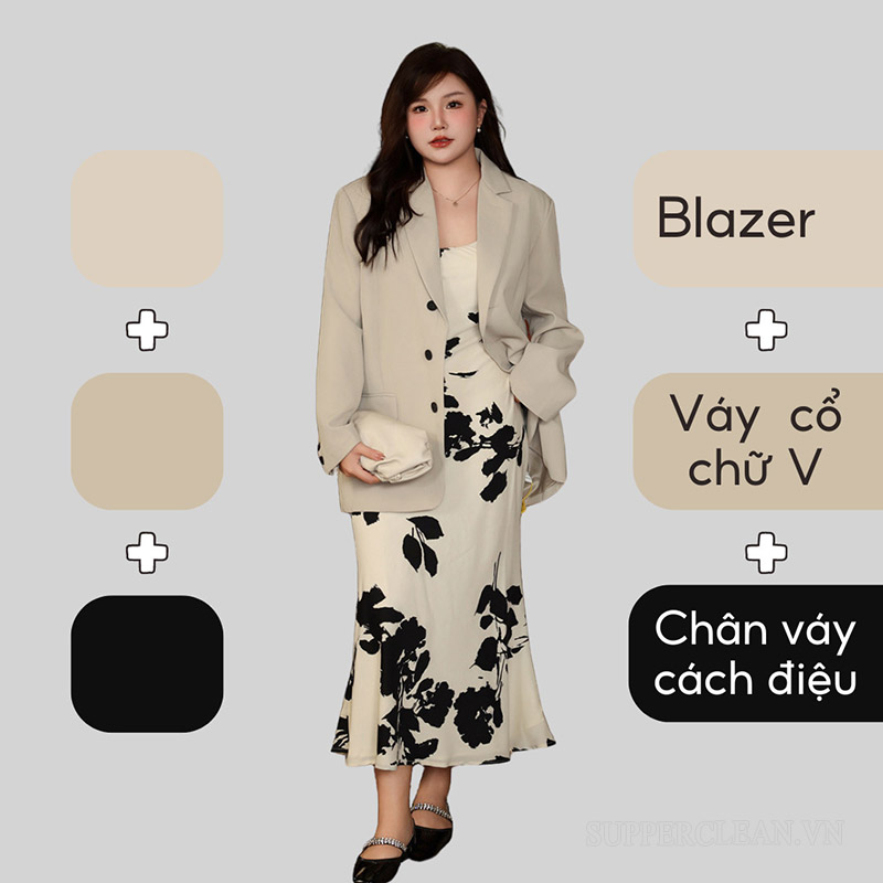 Thanh lịch hơn với áo blazer be kết hợp với váy lụa cổ chữ V