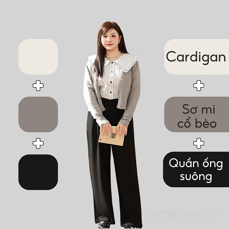 Áo khoác cardigan + áo sơ mi cổ bèo + quần ống rộng tạo nên bộ outfit thanh lịch, thích hợp mặc đi làm khi sang thu