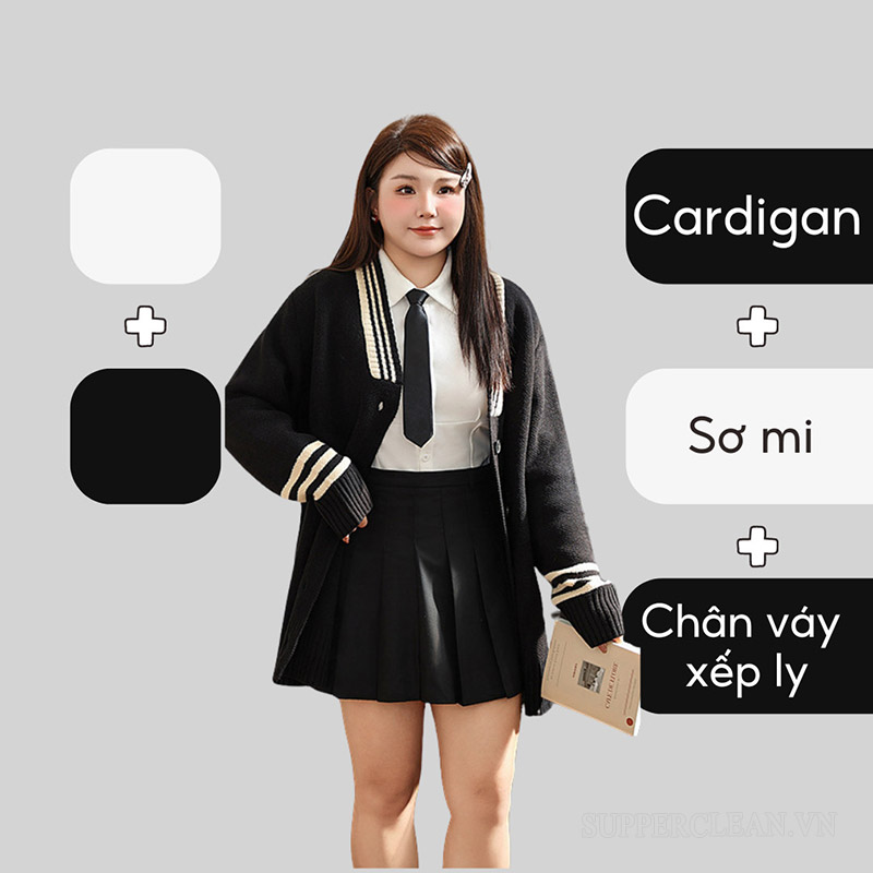 Chân váy xếp ly ngắn kết hợp với áo sơ mi và áo khoác cardigan dáng dài. Bộ outfit này giúp che đi các khuyết điểm trên cơ thể vô cùng tuyệt vời!