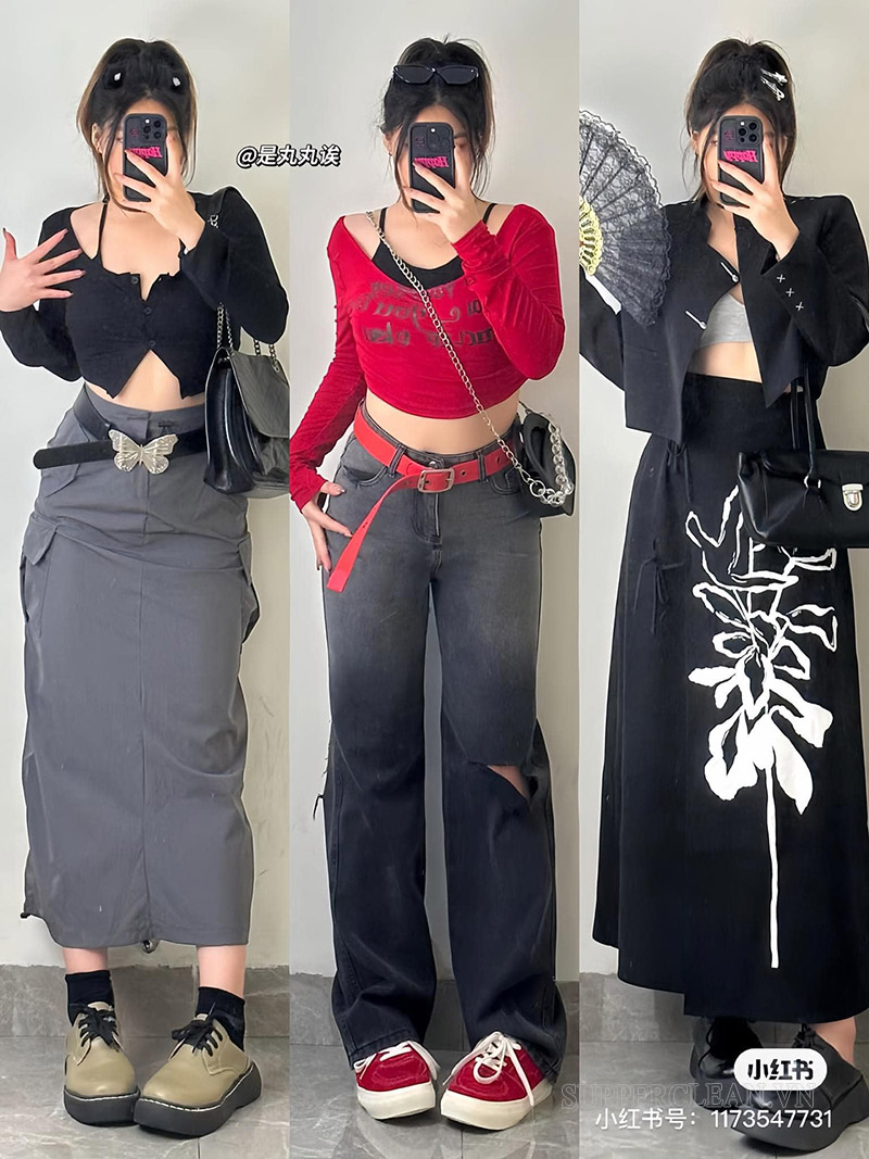Chân váy chữ A, chân váy midi dáng dài kết hợp với áo croptop, giày thể thao giúp những cô nàng mũm mĩm trông khỏe khoắn, trẻ trung hơn