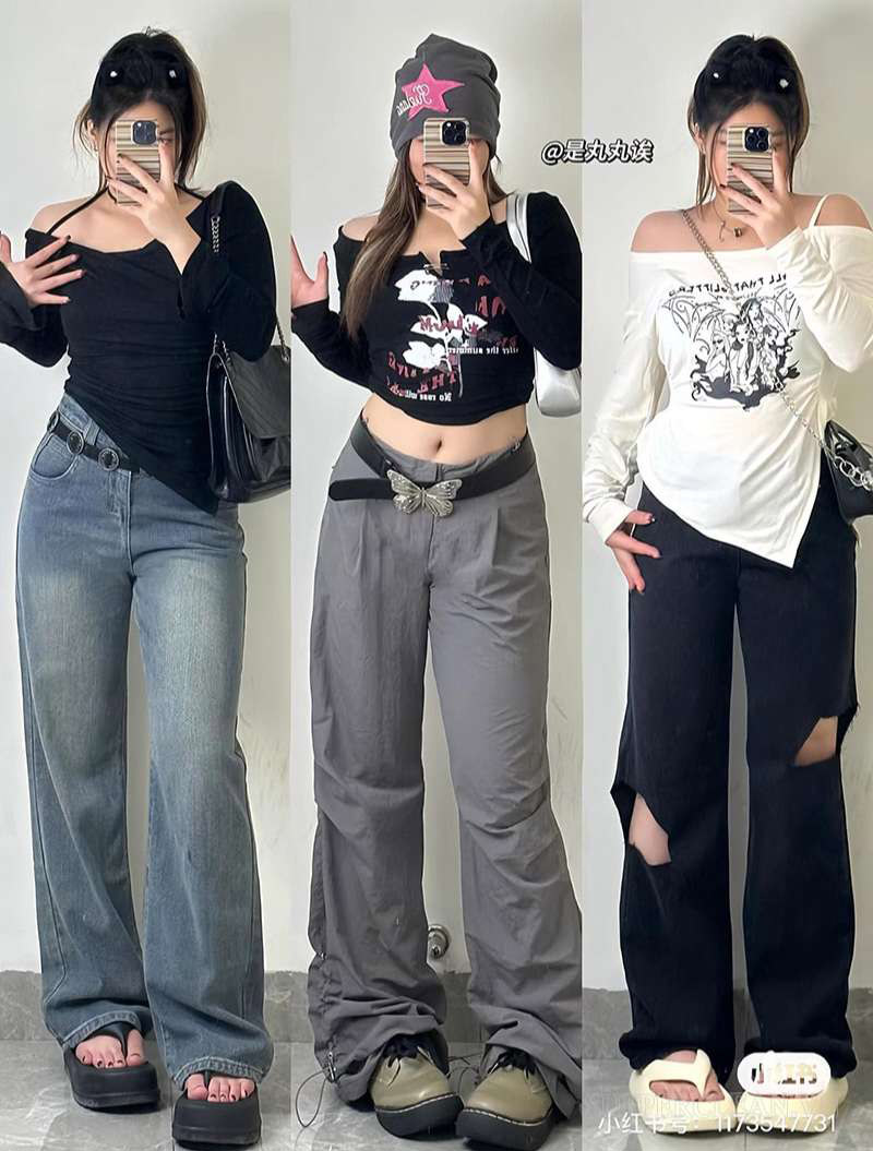 Quần ống suông kết hợp với áo trễ vai, áo croptop khiến nàng chubby trông cá tính hơn