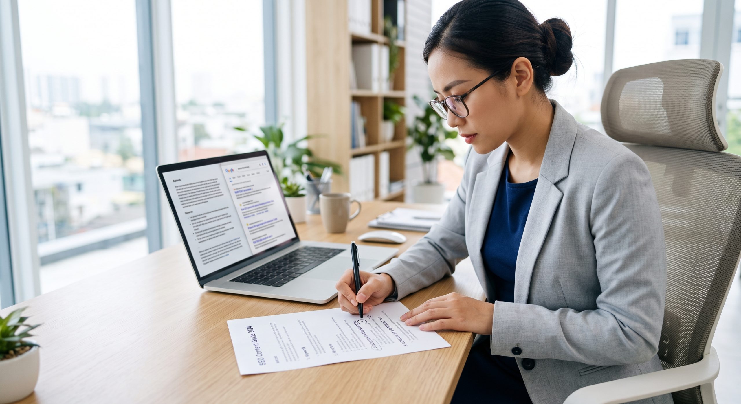 Chuyên viên SEO đối chiếu nghiên cứu từ khóa với outline nội dung
