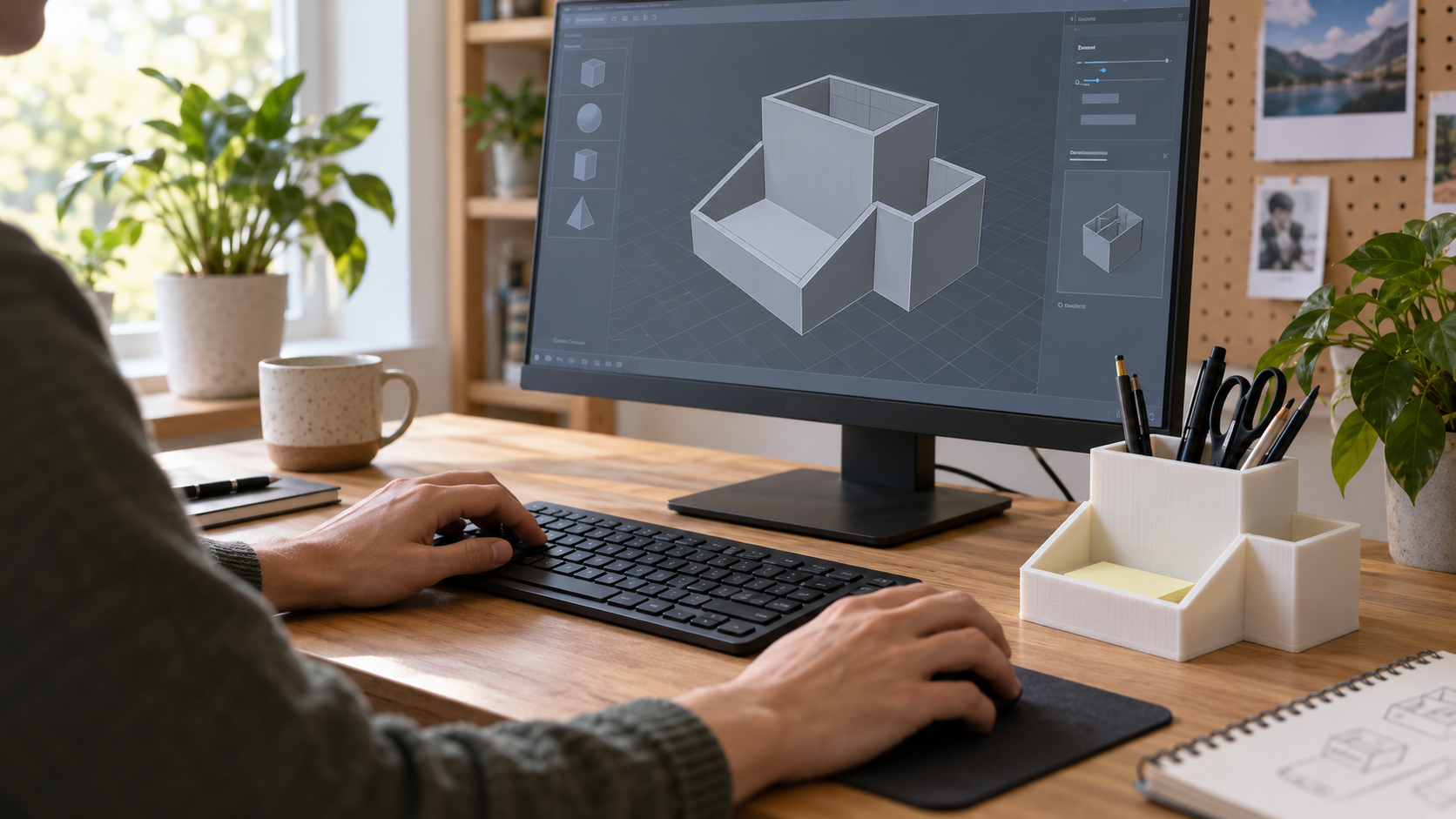 Người dùng dựng hộp đựng bút ba ngăn trên phần mềm 3D